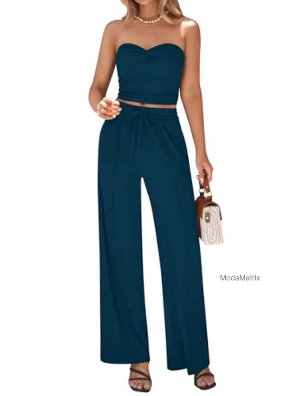 Ribbed Knit Strapless Two Piece Wide Leg Lounge Pants Set